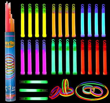 Glow Sticks, 52 Pieces Including 28 6" Long 0.6" Extra Thick Premium Industrial Grade Glow Sticks (3 in Whistle Shape) and 24 8" Long Multicolor Glow Stick Bracelets. by Joyin Toy