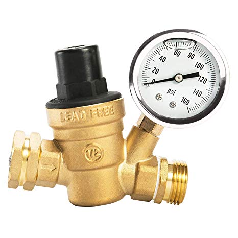 RV Rhodes Water Pressure Regulator Valve, Brass Lead-Free Adjustable Water Pressure Reducer with Gauge for RV Camper, Includes Inlet Screened Filter