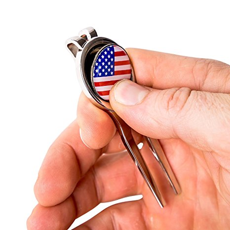 Golf Divot Tool and US-Flag Magnetic Ball Marker - Heavy-duty Steel