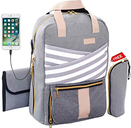 Baby Diaper Bag Backpack Large Cute Stylish Travel Maternity Nappy Bag for Mom Women Fashion Waterproof Convertible Diaper Purse for Girl Boy Twins - Designer Changing Pad, USB Charging Port, Gray