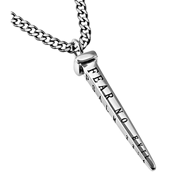 Nail Cross Necklace Psalm 23:4, Stainless Steel, Christian Bible Verse with Free Chain
