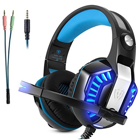 Gaming Headset Micolindun Microphone Gamer Adjustable Headphone LED Mic for PS4, PC, Laptop, Tablet, Phone, MAC with 3.5mm Over-Ear Bass Stereo Surround Sound Volume Control (Adapter Include)