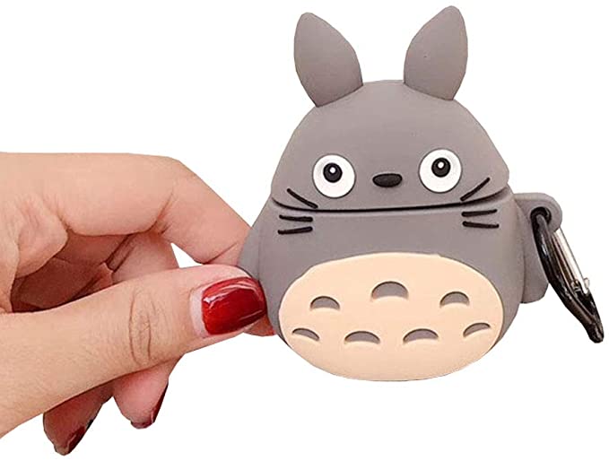 TOUBN Airpods Case, Wireless Charging Earphone Case, Cute Animals Happy Totoro Design Soft Silicone Full Body Protective Cover for Airpods 1 & 2, Airpods Earbuds Accessories with Hook (Grey Totoro)