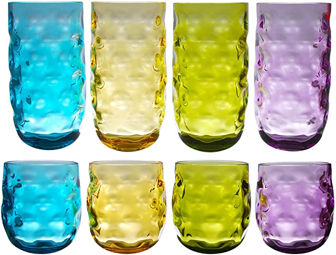QG Clear Colorful Acrylic Plastic 14 & 22 oz. Cup Drinking Glass Tumbler Set of 8 in 4 Assorted Colors