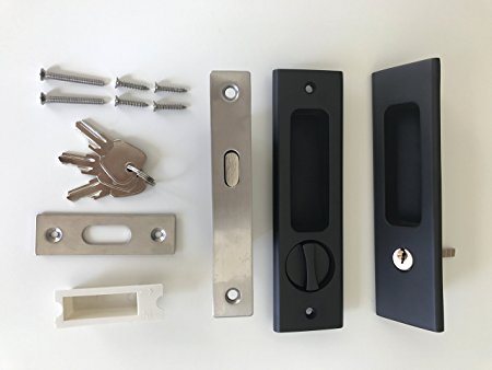 CCJH Invisible Door Locks Handle with Keys for Sliding Barn Wooden Door Furniture Hardware (Black)