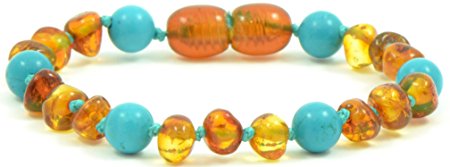 Baltic Amber Teething Bracelet / Anklet {0056} Mixed with Turquoise Beads - 5.5 inches - Amber Jewelry - Hand-Made from Natural Baltic Amber Beads (5.5 inches (14 cm), Cognac / Turquoise (Green))