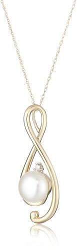 10k Yellow Gold White Freshwater Pearl with Diamond Accent Infinity Pendant Necklace 18