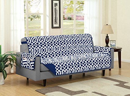 Dallas Reversible Solid/Print Microfiber Furniture Protector With Strap & Side Pockets (Sofa, Navy)