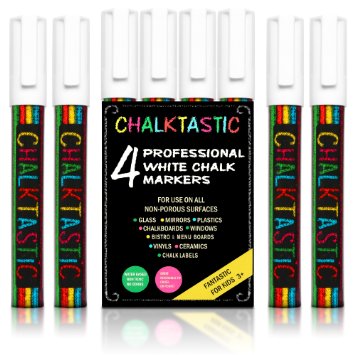 FANTASTIC ChalkTastic WHITE CHALK MARKER PENS 4 Pack Great for Bistro Boards Menu Board Window Markers kids art - 6mm Unique Reversible Tip - Premium Chalk Markers in Brilliant Bold White Color