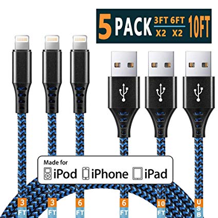 iPhone Charger Lightning Cable iPhone Cable MFi Certified Apple iphone charer cable Xs MAX XR X 8 7 6s 6 5E Plus ipad car Charger Charging Cable Cord Fast Long USB c 3 3 6 6 10 ft to 5pack Chargers 11