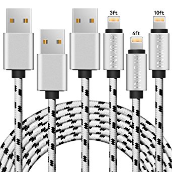 AYUMINI iPhone charger, 3Pack 3FT 6FT 10FT Nylon Braided Cord Lightning Cable to USB Charger for iPhone 7/7 Plus/6s/6s Plus/6/6Plus/5s/5c/5, iPad/iPod Models-Silver