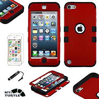 MyTurtle Shockproof Hybrid 3-Layer Hard Silicone Shell Cover with Stylus Pen and Screen Protector for iPod Touch 5th 6th Generation, Red Black