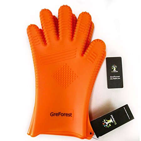 Sale!!! GreForest Large Long Heat Resistant Silicone Gloves Extra Forearm Protection BBQ Grill Oven Cooking Gloves -Suitable for Both Outdoor and Indoor Use (1 Pair, Orange)