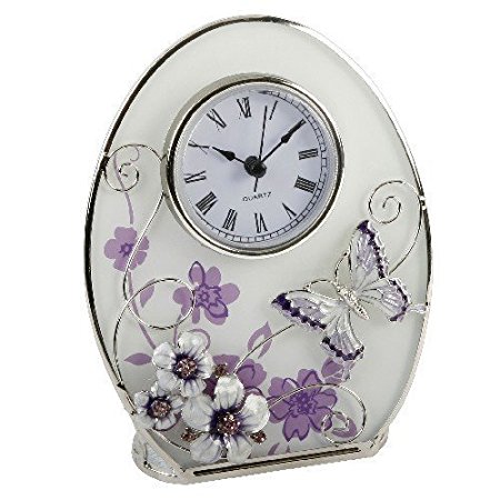 Beautiful 'Juliana,' oval, glass, clock decorated with purple flowers, crystals and a butterfly. An ideal gift for her (561CK). by Juliana