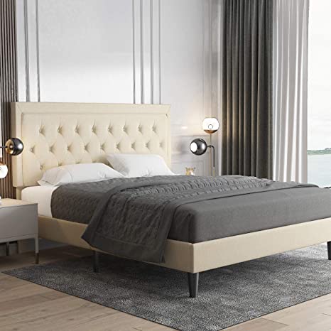 Allewie King Size Platform Bed Frame / Fabric Upholstered Bed Frame with Diamond Button Tufted Headboard/ Adjustable Headboard / Wood Slat Support / Mattress Foundation /Beige (King)