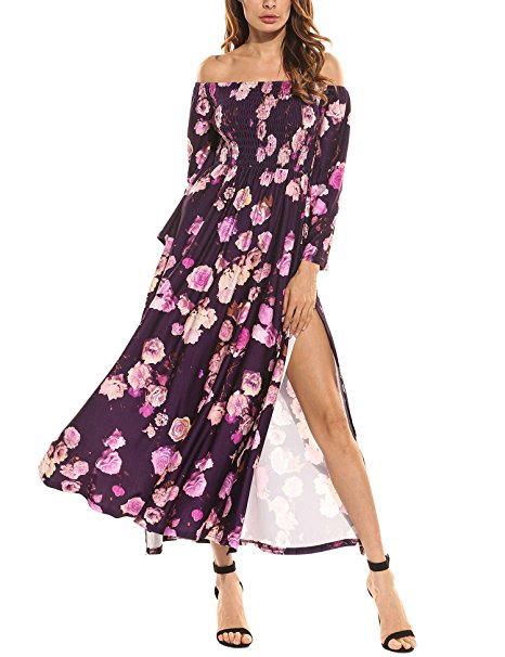 ACEVOG Women's Off Shoulder Flare Sleeve Floral Side Slit Evening Party Long Maxi Dress