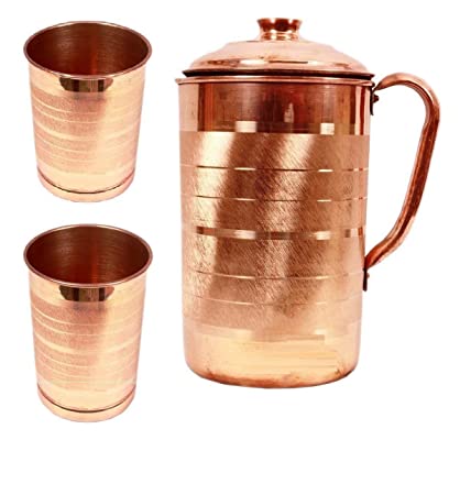 GODSON Copper Jug with 2 Glass (2000Ml of Jug, 400ML of Each Glass)