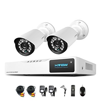 H.View Home Security Camera System, 2CH CCTV System, 4CH 1200TVL DVR Recorder, 2x 720P Day Night Vision IR Weatherproof Outdoor CCTV Camera, Video Surveillance Kit (No HDD)