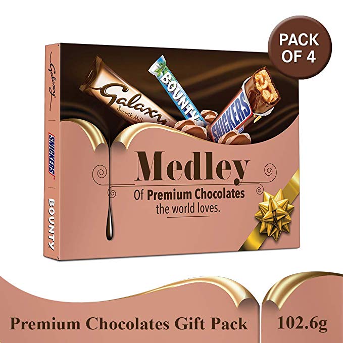 SNICKERS Medley Assorted Chocolates Diwali Gift Pack (Snickers, Bounty, Galaxy), 410.4g (Pack of 4)