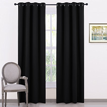 Eyelet Thermal Blackout Curtains Panels - PONY DANCE Super Soft Solid Thermal Insulated Blackout Curtains / Window Treatment Room Drakening & Energy Saving, Set of 2, 46 by 90 Inch Each Panel, Black
