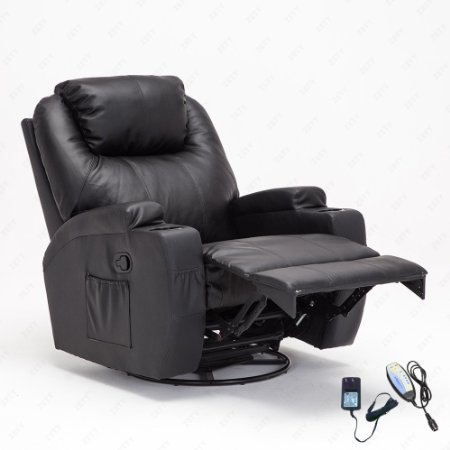 360 Degree Swivel Leather Massage Recliner Chair Rocker Recliner Swivel Heated W/Control (Black)