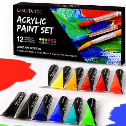 Acrylic Paint Set - Quality Acrylic Paints - Best For Painting Canvas, Wood, Fabric, Clay, Ceramics, Nail Art & Crafts 12 x 12ml tubes of Rich Vibrant Colors - Smooth Consistency & Satin Finish