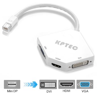 KPTEC 3 in 1 Mini DisplayPort  Thunderbolt to HDMI DVI-I VGA TV HDTV AV Cable Adapter for Apple MacBook Pro MacBook Air iMac Surface Pro 4 Surface Pro 3 - White