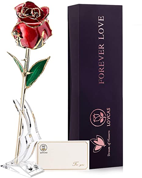 24k Gold Rose, Gold Plated Rose Dipped Rose Everlasting Long Stem Real Rose with Exquisite Holder, Romantic Gift, Best Gift for Valentines Day, Mothers Day, Birthday (C - Red rose - Crystal Stand)