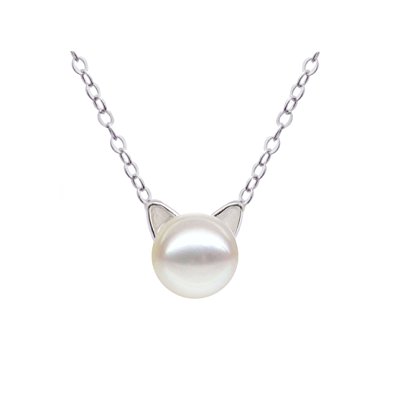 S.Leaf Sterling Silver Cat Necklace Freshwater Cultured Pearl Cat Collarbone Charm Necklace