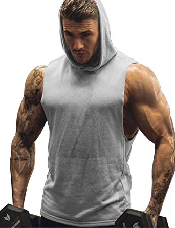 URRU Men's Hooded Tank Tops Workout Sleeveless Muscle Shirt with Kangaroo Pocket S-XXL