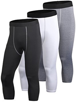 Yuerlian Men's 3 Pack Compression 3/4 Capri Shorts Baselayer Cool Dry Sports Tights