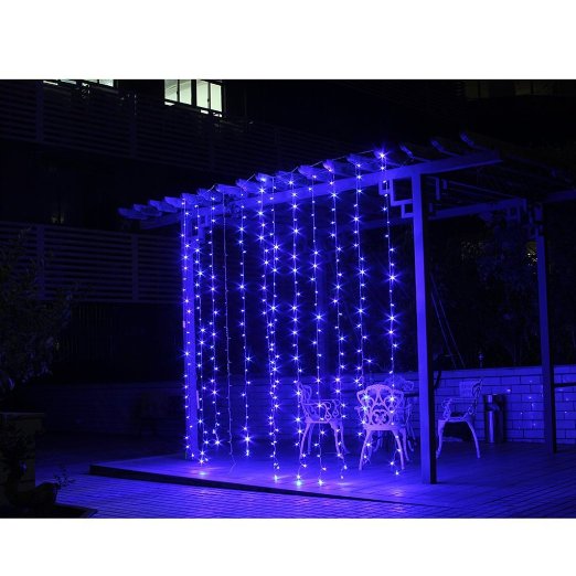 Excelvan 24V Safe Low Voltage 6m x 3m 600 Led Blue 8 Lighting Modes Fairy String Curtain Indoor Outdoor Lights for Christmas Xmas Wedding Party Home Window Decorations