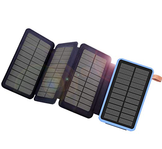 Solar Charger 10000mAh Portable Solar Power Bank Dual Battery Bank for Cell Phone, iPhone, Samsung, Camera GPS and More Solar Charger with Flashlight Waterproof Solar Backup (Black-Orange, 4 Panels)