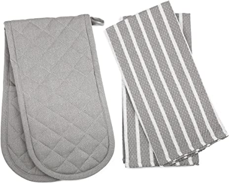 Penguin Home Oven Glove & Tea Towel Set - 100 % Cotton - Soft, Durable & Super Absorbent (3 Piece Set, Grey)