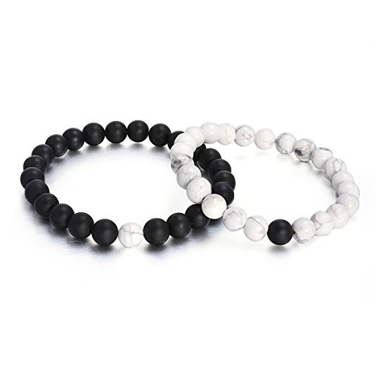 Couples His and Hers Bracelet Black Matte Agate & White Howlite 8mm Beads By Long Way 7.1"&7.5"