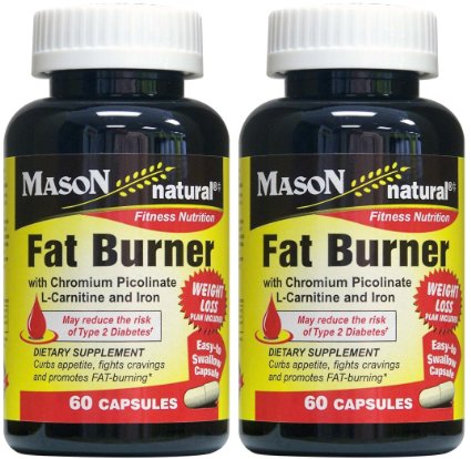 Mason Natural Fat Burner with Chromium Picolinate L-Canitine and Iron 60 Capsules per Bottle Pack of 2 Bottles Total 120 Caps