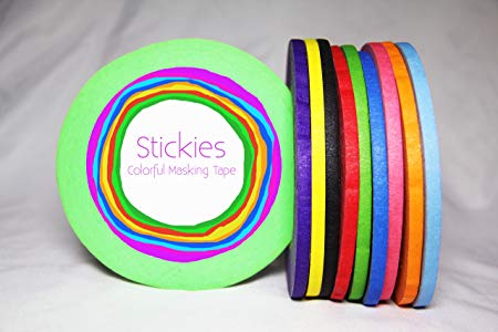 Stickies "Skinny's" Colored Masking Tape (11 Roll Pack) 0.25'' x 70 yards - Perfect for detailed tape projects, Art classes, Crafting projects, painting, detailing and so much more.