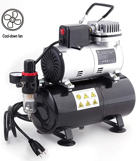 Timbertech Professional Upgraded Piston Airbrush Compressor with Motor Cool Down Fan ABPST08 Oil-Less Quiet Spraying Air Compressor with Tank for Airbrush Paint, Nails, Tattoo, Makeup, Cake Painting