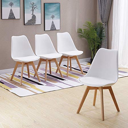 HomJoy Modern Design Dining Chair, Retro Lounge Chairs Premuim Plastic Wood and PU Leather Lorenzo Tulip Chair (White * 4)