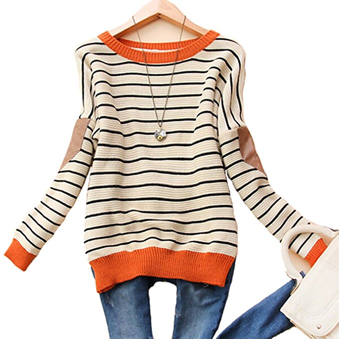 ZESICA Girls Long Sleeve Jumper Elbow Patch Striped Pullover Loose Sweater Tops