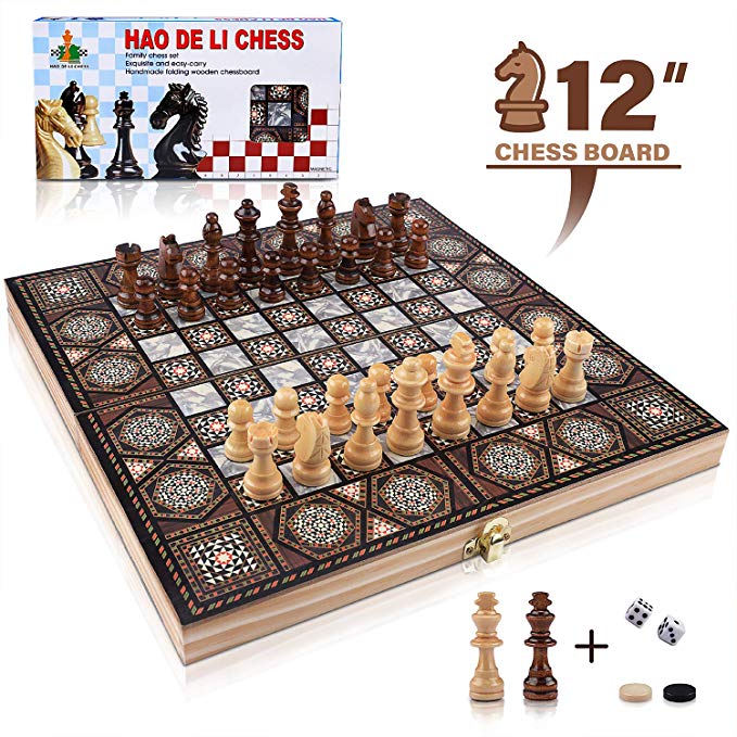 3-in-1 Chess Set - Chess & Checkers & Backgammon, VIRIITA Wooden Chess Magnetic Chess Set, Travel Chess Set with Folding Chess Board, Best Chess Games Gift for Kids and Adults