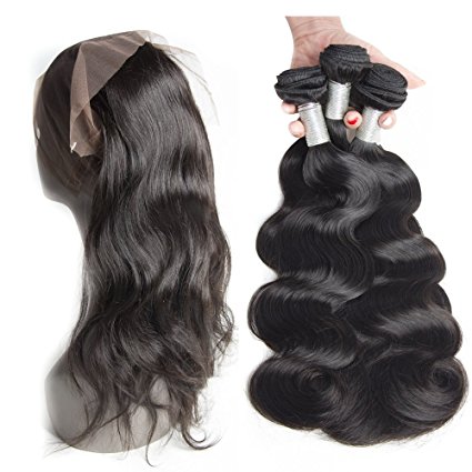 Ali Moda 360 Lace Frontal With Bundles Peruvian Virgin Hair Lace Frontal Closure With 3 Bundles Bleached Knots Body Wave 360 Frontal Band(18 20 22 16inch)