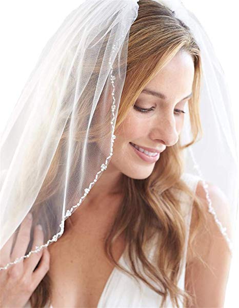Passat 1 Tier Short Crystal Wedding Veils Pearl Bridal Veil H23