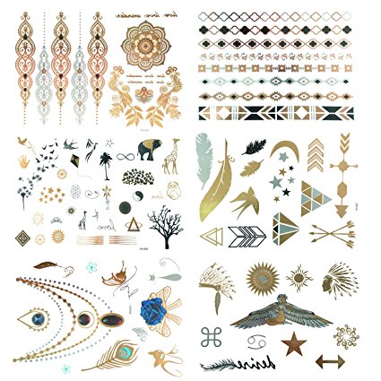 Metallic Temporary Tattoos Flash Tattoos 6 Sheets 150  Designs Temporary Fake Jewelry Tattoos Bracelets Feathers Wrist and Arm Bands