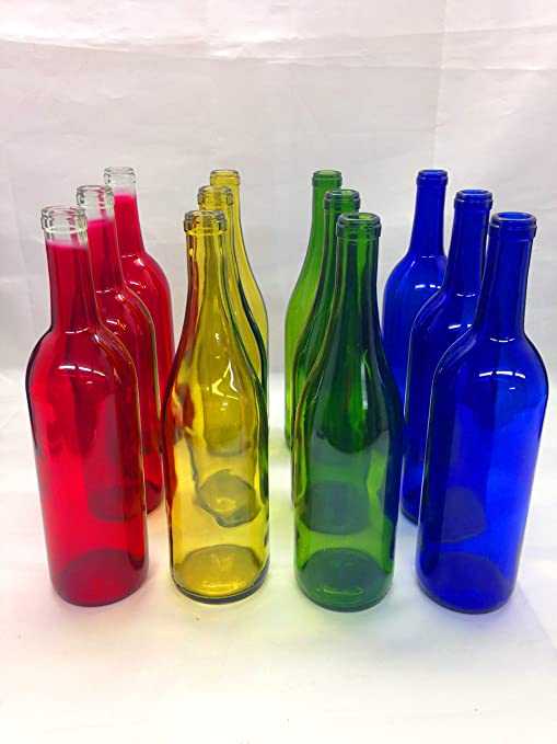 12 Mixed Glass Bottles 750 ML Red Blue Green Yellow for Crafting, Parties, Bottle Trees, Vases, Mosaics, Home Brew