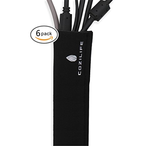 Cable Sleeves with Cable Velcro Belts – 20” Each, Pack of 6, Cable Wrap for Management, Zip-up Design, Dust-proof, 16 Ethernet-Cable-Size Capacity, Neoprene Black, by COZILIFE