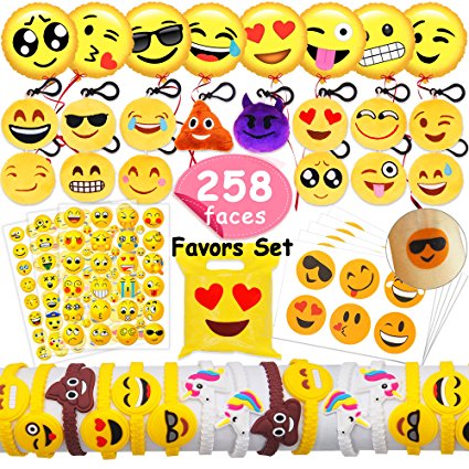 MelonBoat Emoji Party Favors Supplies 258 Faces Jumbo Pack, Backpack Keychain Plush, Balloons, Stickers, Rubber Wristbands Bracelets, Favor Goodie Bags, Bulk Set Stuff Toys Gifts for Kids Children