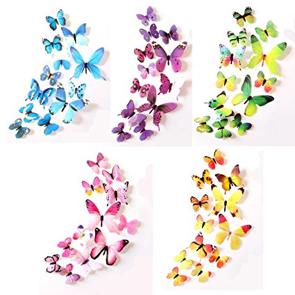 Prefer Green 60 Pcs Removable 3D Colorful Butterfly Wall Stickers DIY Art Decor Crafts Big Size H-023 Mulit Colors