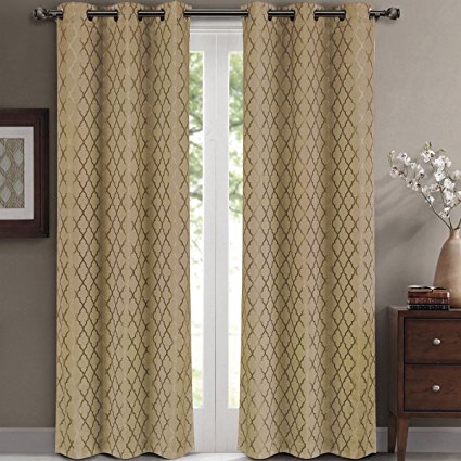 Willow Jacquard Taupe Grommet Blackout Window Curtain Panels, Pair / Set of 2 Panels, 42x108 inches Each, by Royal Hotel