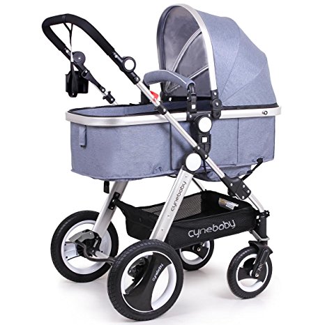 Cynebaby Newborn Baby Stroller for Infant and Toddler City Select Folding Convertible Baby Carriage Luxury High View Anti-shock Infant Pram Stroller with Cup Holder and Rubber Wheels (Linen Blue)